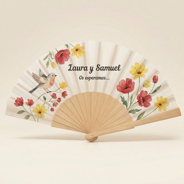 Abanico Boda Floral Pajarito Personalizado