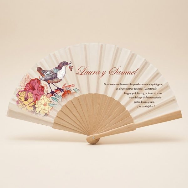 Abanico Boda Personalizado Pájaro Floral