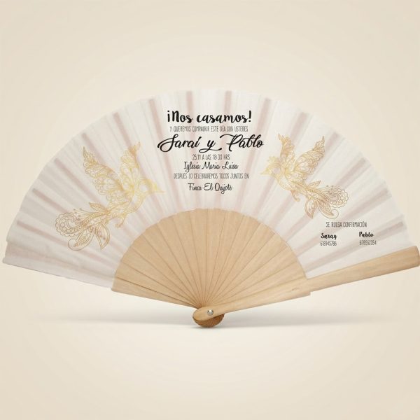 Abanico Boda Personalizado Pájaros Dorados
