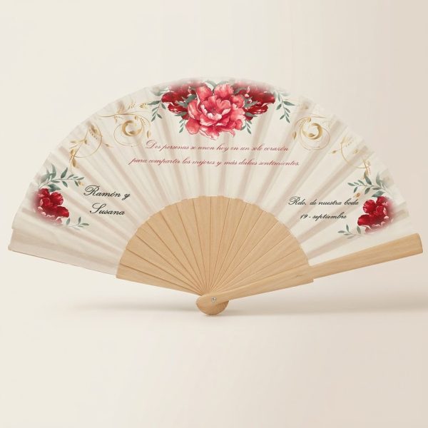 Abanico Boda Personalizado Peonías Rojas y Dorado