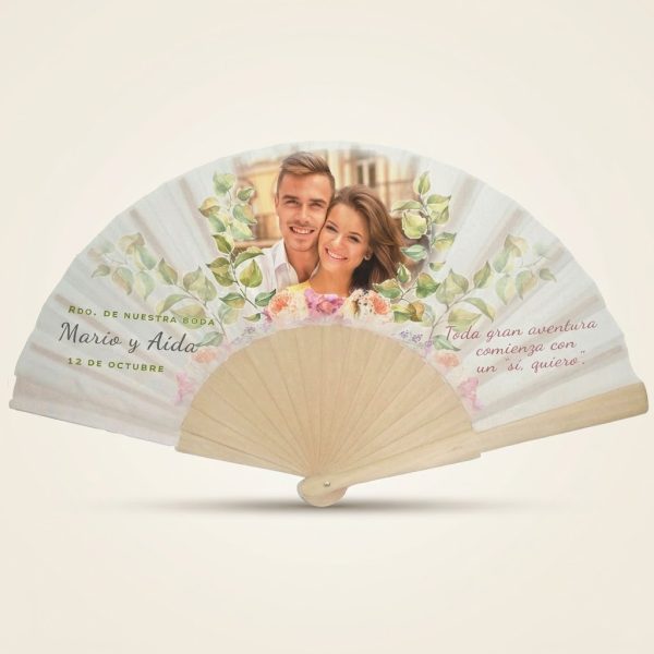 Abanico Boda Personalizado con Foto Acuarela Verde
