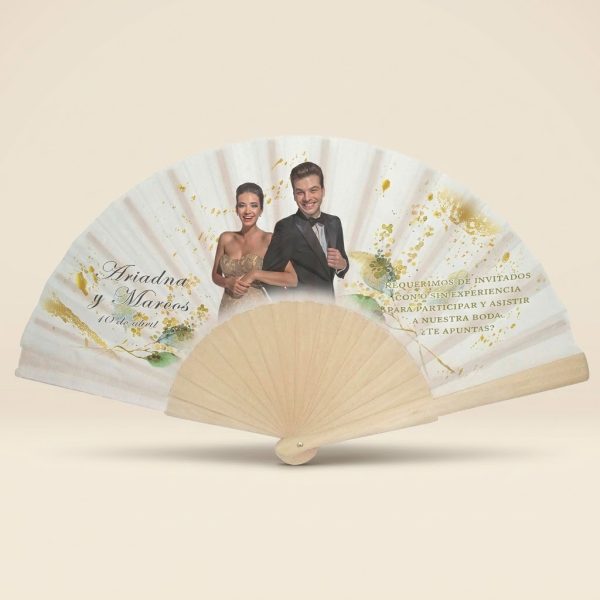 Abanico Boda Personalizado con Foto Acuarela Dorada