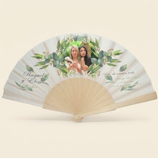 Abanico Boda Personalizado con Foto Corona Eucalipto