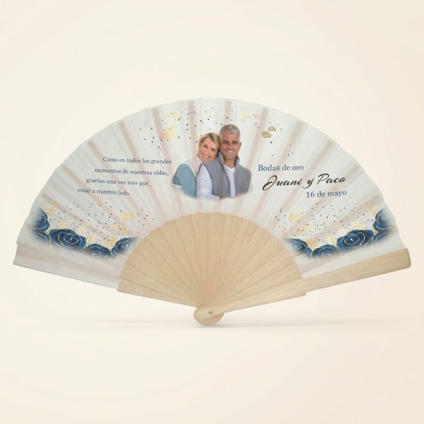 Abanico Boda Personalizado con Foto Rosas Azul Oro