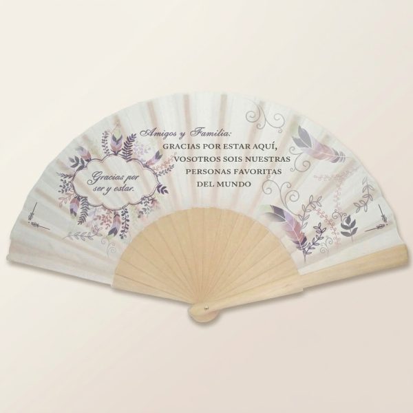 Abanico Boda Plumas Malva «Personas Favoritas» | Genérico