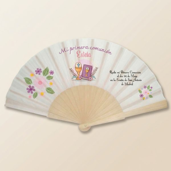 Abanico Comunión Floral Rosa Personalizado