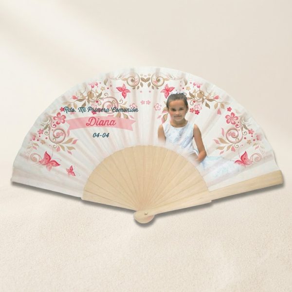 Abanico Comunión Floral Rosa Personalizado
