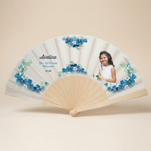 Abanico Comunión Floral Azul Personalizado