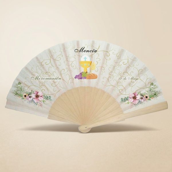 Abanico Comunión Floral Dorado Personalizado