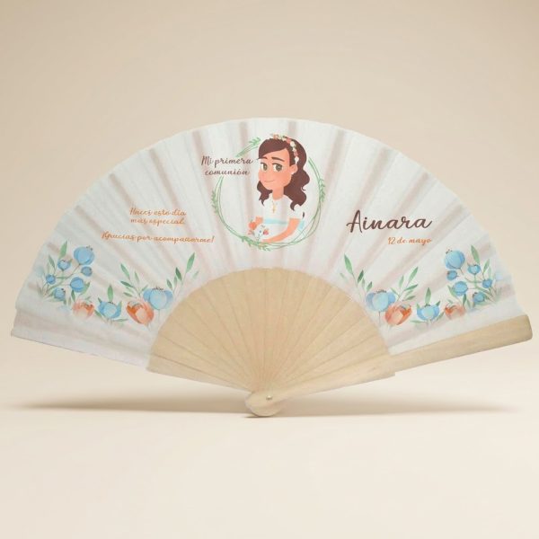 Abanico Comunión Floral Azul Personalizado