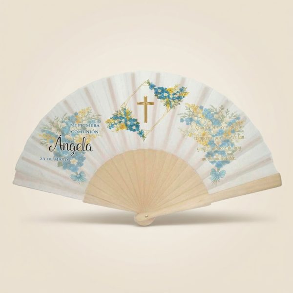 Abanico Comunión Floral Azul Personalizado
