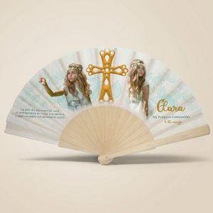 Abanico Comunión Cruz Dorada Personalizado