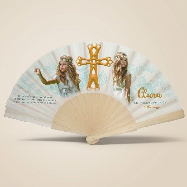 Abanico Comunión Cruz Dorada Personalizado