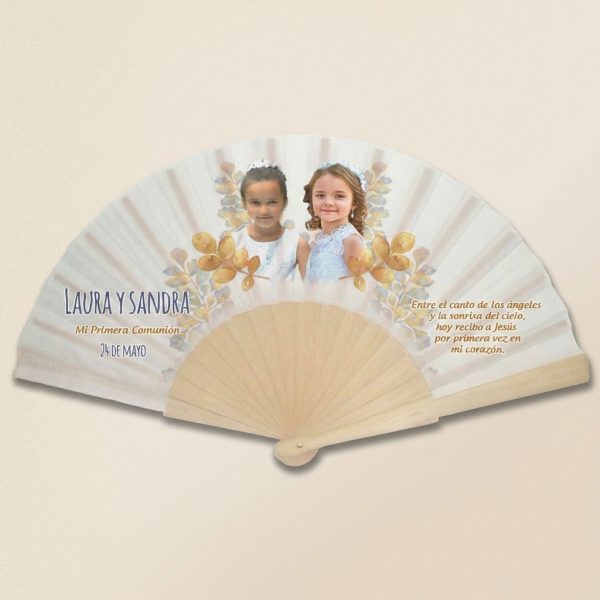 Abanico Comunión Doble Hojas Doradas Personalizado