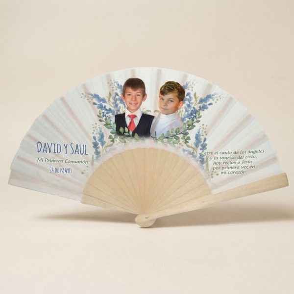 Abanico Comunión Doble Floral Azul Personalizado