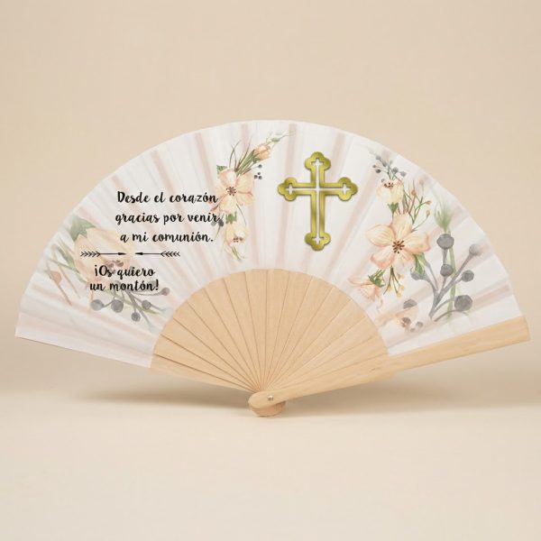 Abanico Comunión Cruz Floral Dorada