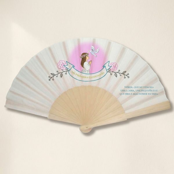 Abanico Comunión Niña Rosa y Paloma