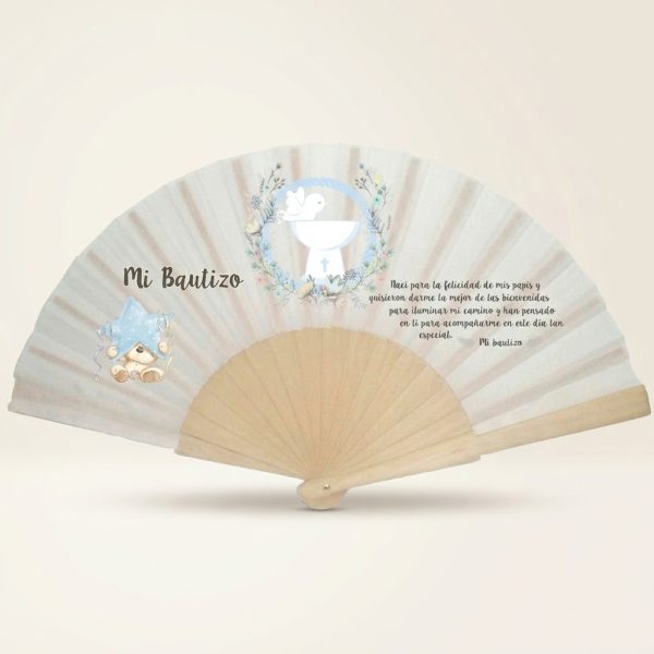Abanico de bautizo religioso con paloma y osito azul | Don Abanico