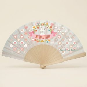 Abanico de bautizo con conejito blanco y flores de colores | Don Abanico