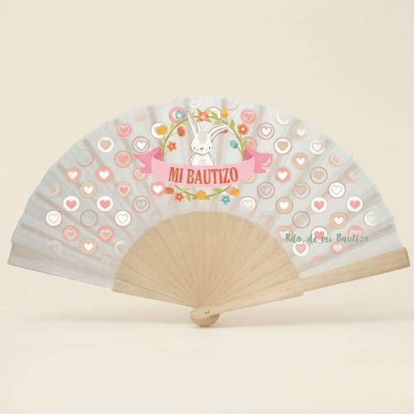 Abanico de bautizo con conejito blanco y flores de colores | Don Abanico