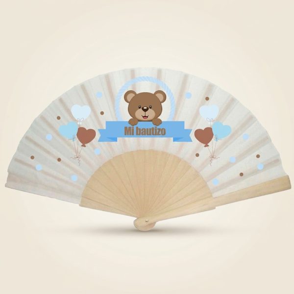 Abanico de bautizo con osito marrón y globos corazón azules | Don Abanico