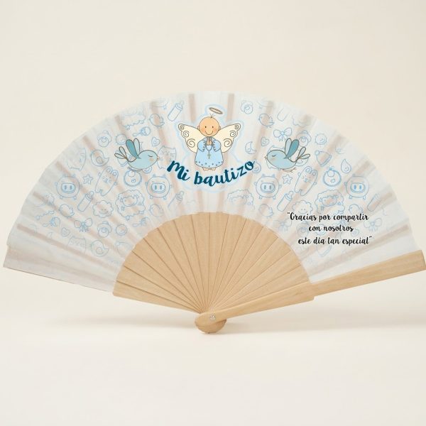 Abanico de bautizo con angelito azul y pajaritos | Don Abanico
