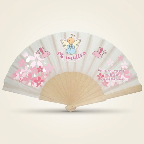 Abanico de bautizo con angelito rosa y flores | Don Abanico