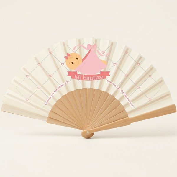 Abanico de bautizo con bebé niña en vestido rosa | Don Abanico