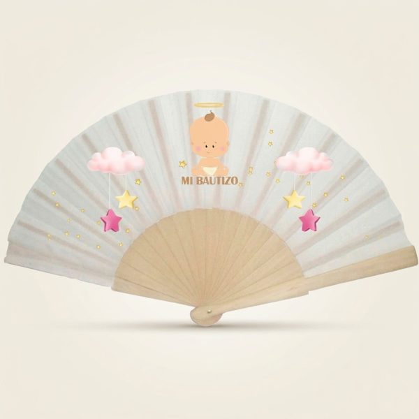 Abanico de bautizo con bebé angelito y estrellas rosas | Don Abanico