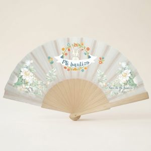 Abanico de bautizo con conejito y flores silvestres | Don Abanico