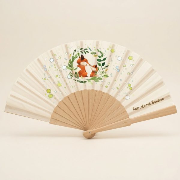 Abanico de bautizo con zorros en acuarela y hojas | Don Abanico