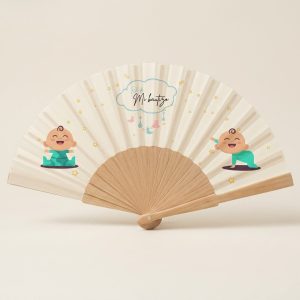 Abanico de bautizo con bebés alegres y nube | Don Abanico