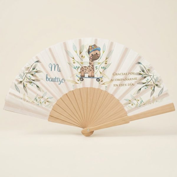 Abanico de bautizo con jirafita kawaii en patinete | Don Abanico