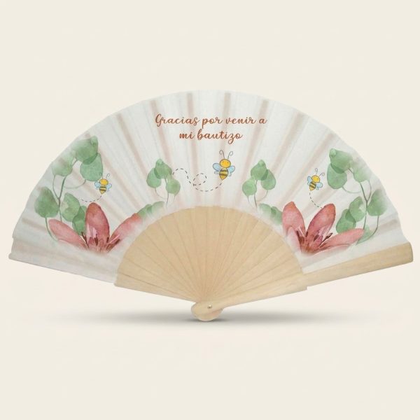 Abanico de bautizo con abejas y flores de loto | Don Abanico