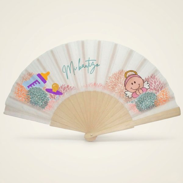 Abanico de bautizo con angelito rosa y flores de colores | Don Abanico