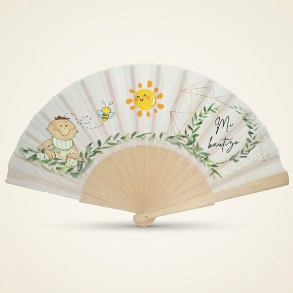 Abanico de bautizo con bebé, sol y corona botánica | Don Abanico