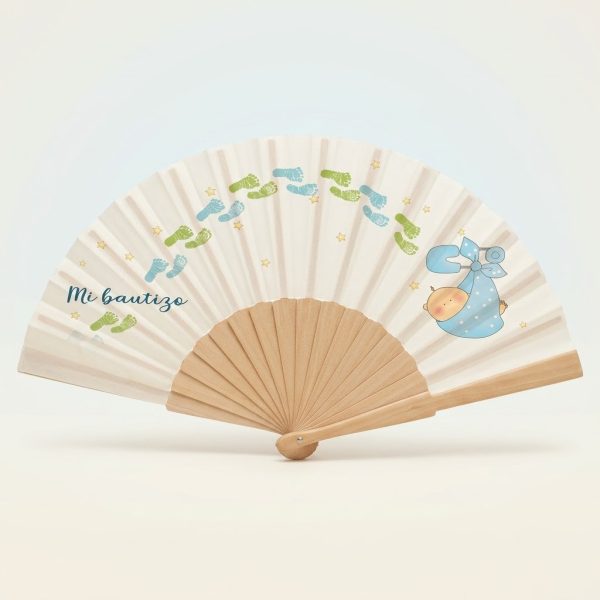 Abanico de bautizo con bebé niño y huellas | Don Abanico