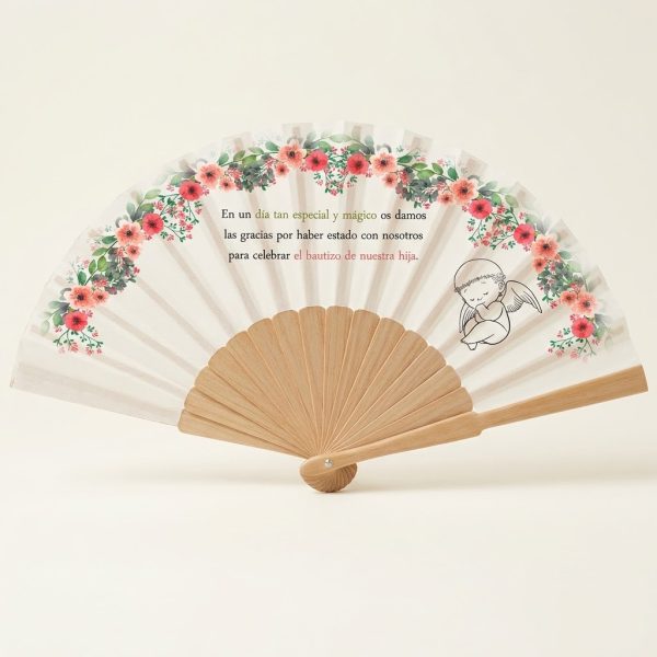 Abanico de bautizo con arco floral y angelito | Don Abanico