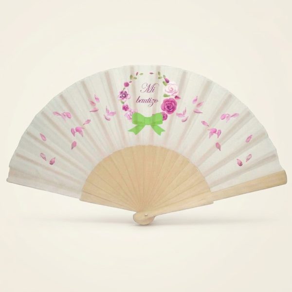 Abanico de bautizo con corona de rosas y lazo verde | Don Abanico