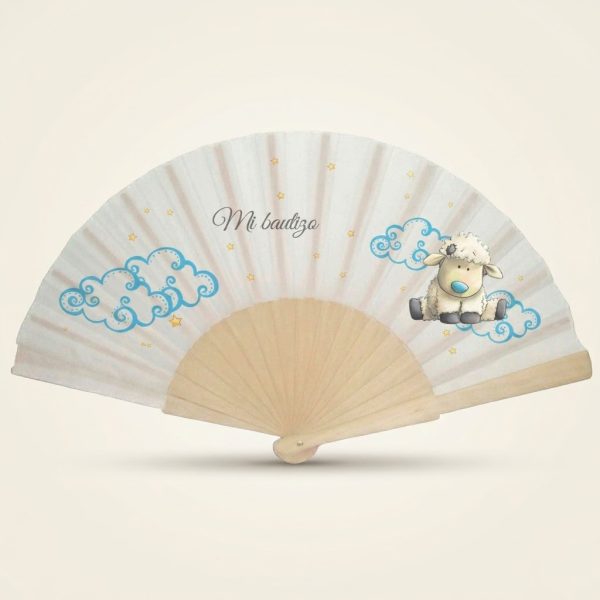 Abanico de bautizo con ovejita y nubes azules | Don Abanico