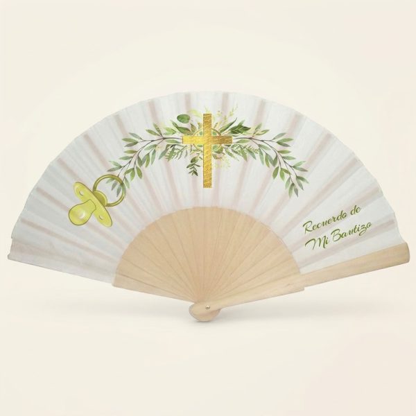 Abanico de bautizo con cruz dorada y hojas verdes | Don Abanico