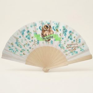 Abanico de bautizo con búho y flores azules | Don Abanico
