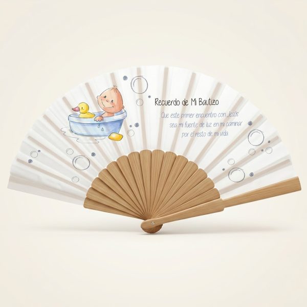 Abanico de bautizo con bebé en bañera y patito | Don Abanico