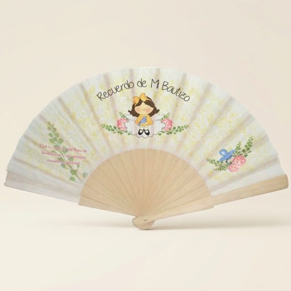 Abanico de bautizo con niña ángel y pajaritos | Don Abanico