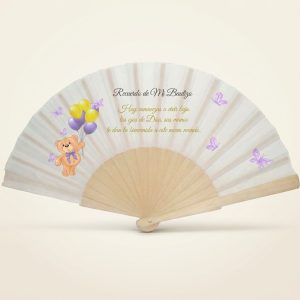 Abanico de bautizo con osito, globos y mariposas | Don Abanico