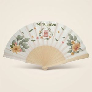 Abanico de bautizo con hipopotámito kawaii y flores | Don Abanico