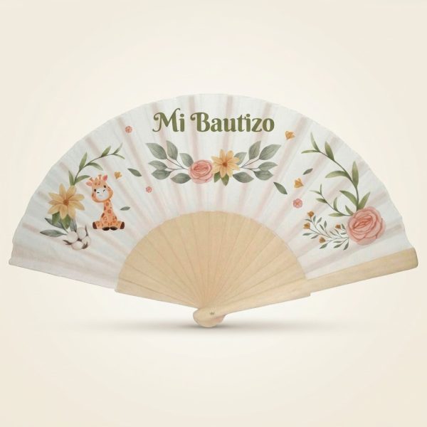Abanico de bautizo con jirafita kawaii y flores | Don Abanico