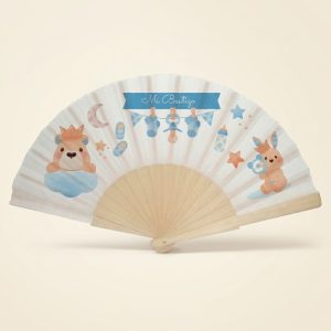 Abanico de bautizo con osito y conejito azules | Don Abanico