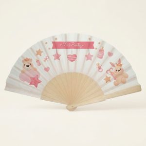 Abanico de bautizo con osita y conejita rosas | Don Abanico
