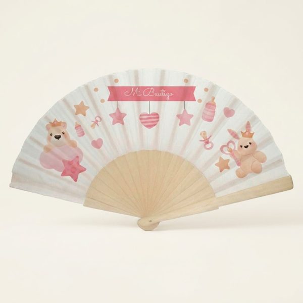 Abanico de bautizo con osita y conejita rosas | Don Abanico